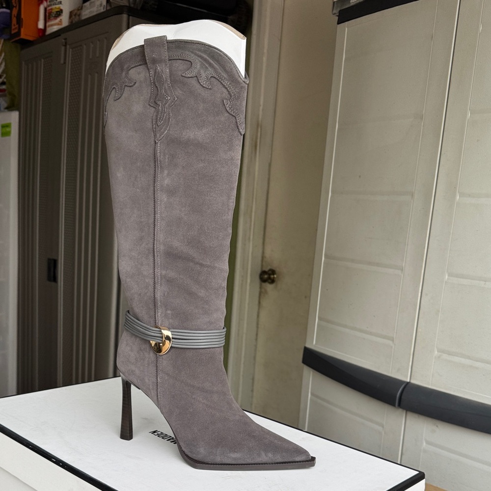 Steve Madden Gray Suede Knee-High Stiletto Boot with Strap